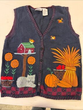 Vintage Capacity Navy Embroidered Fall Sweater Vest with Harvest Appliqués L